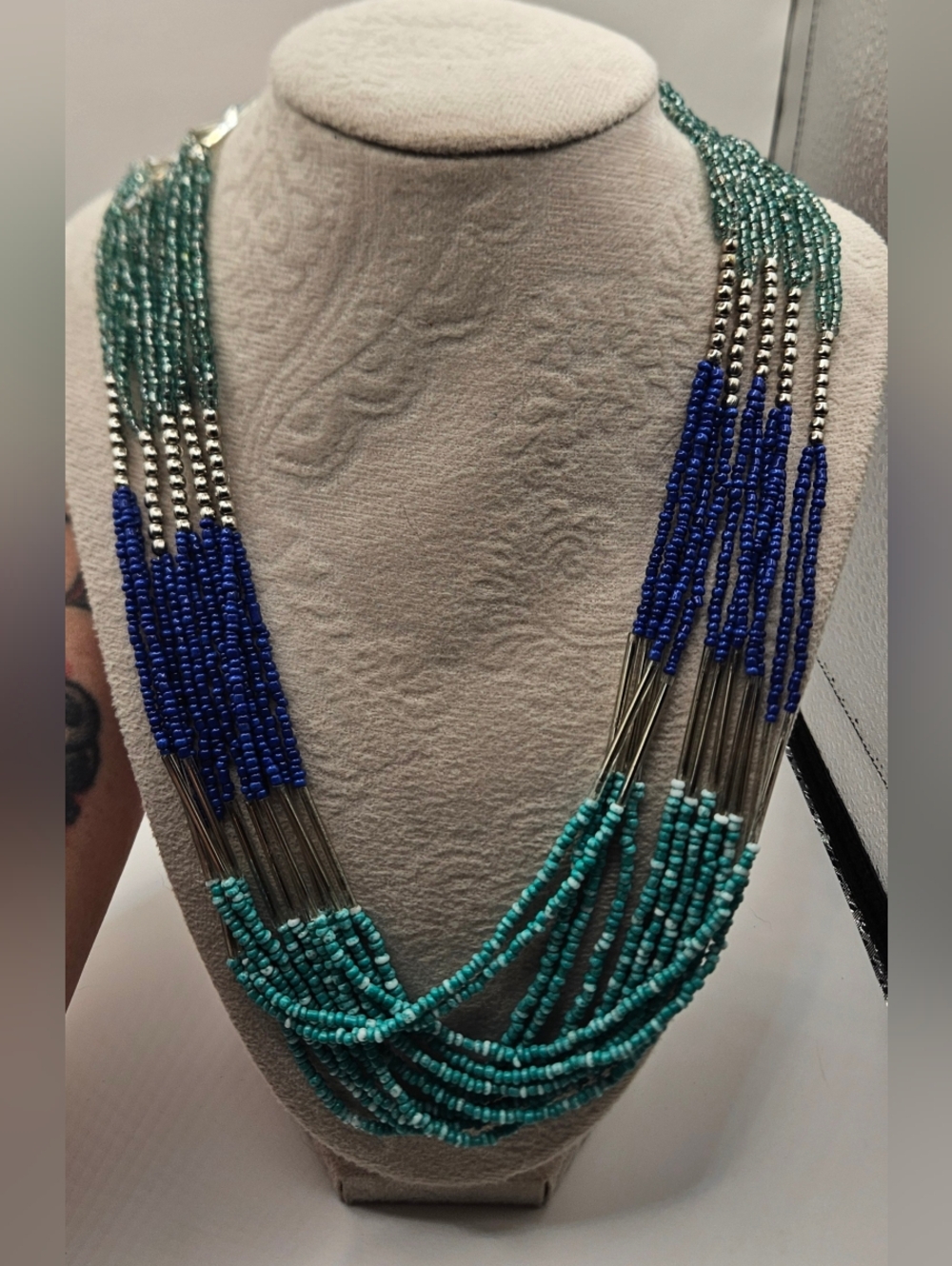 Long Multi-Strand Waterfall Seed Bead Necklace Teal Blue Liquid Silver Tone